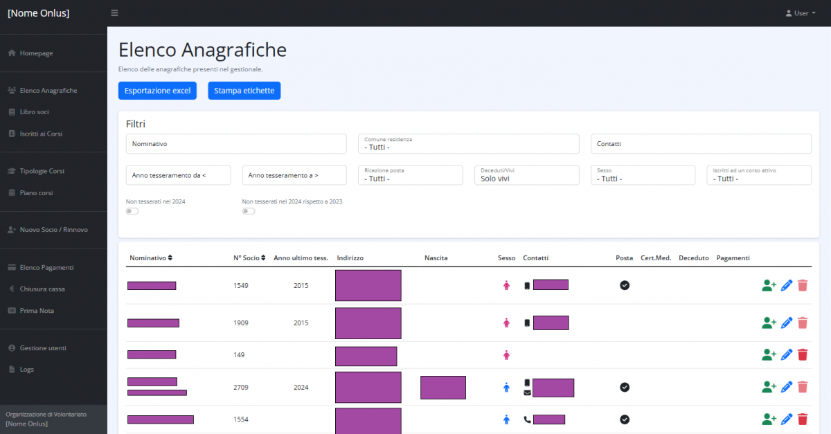 Schermata di visualizzazione anagrafiche presenti in database, filtri e pulsanti disponibili