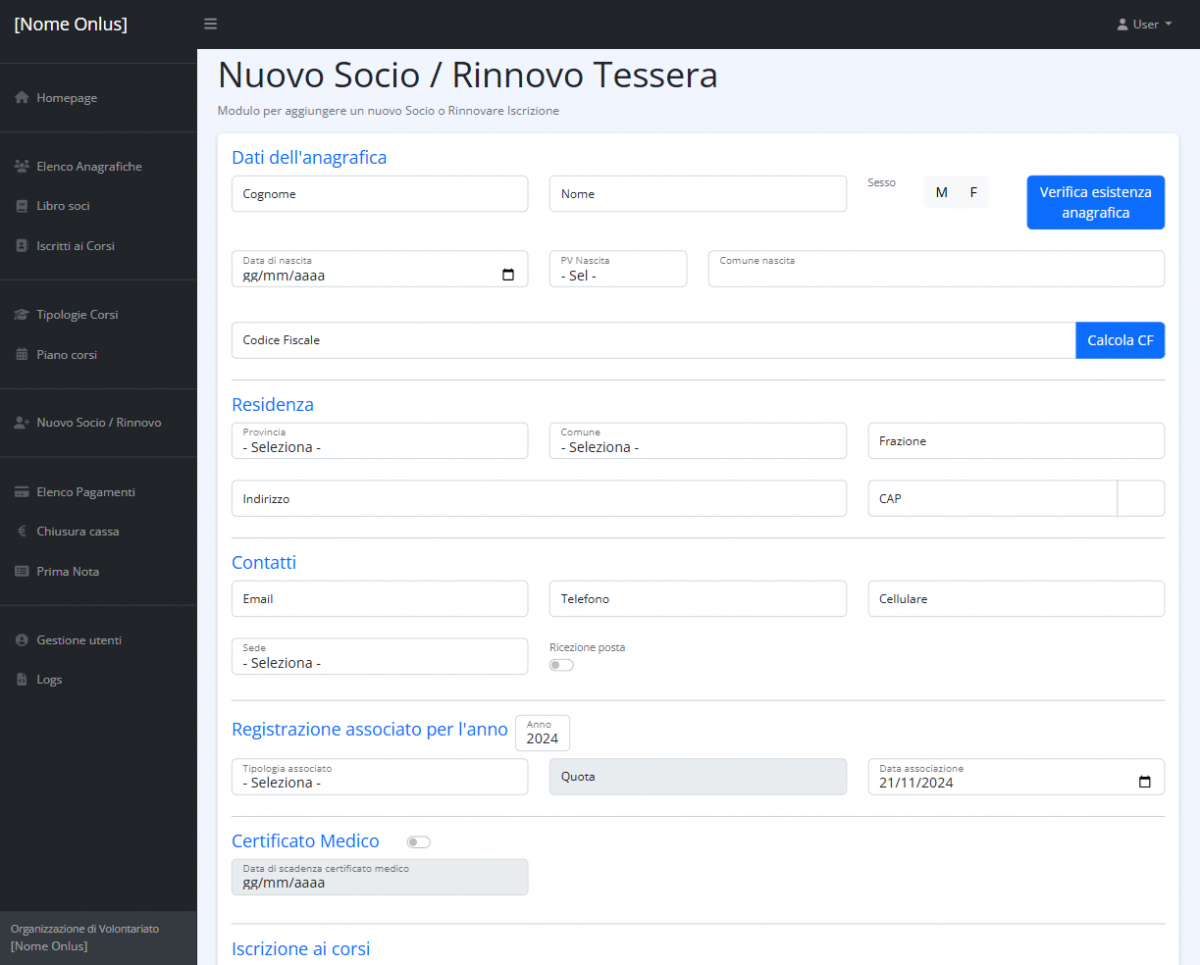 Form di caricamento anagrafiche, soci, iscrizioni ai corsi e modalità di pagamento